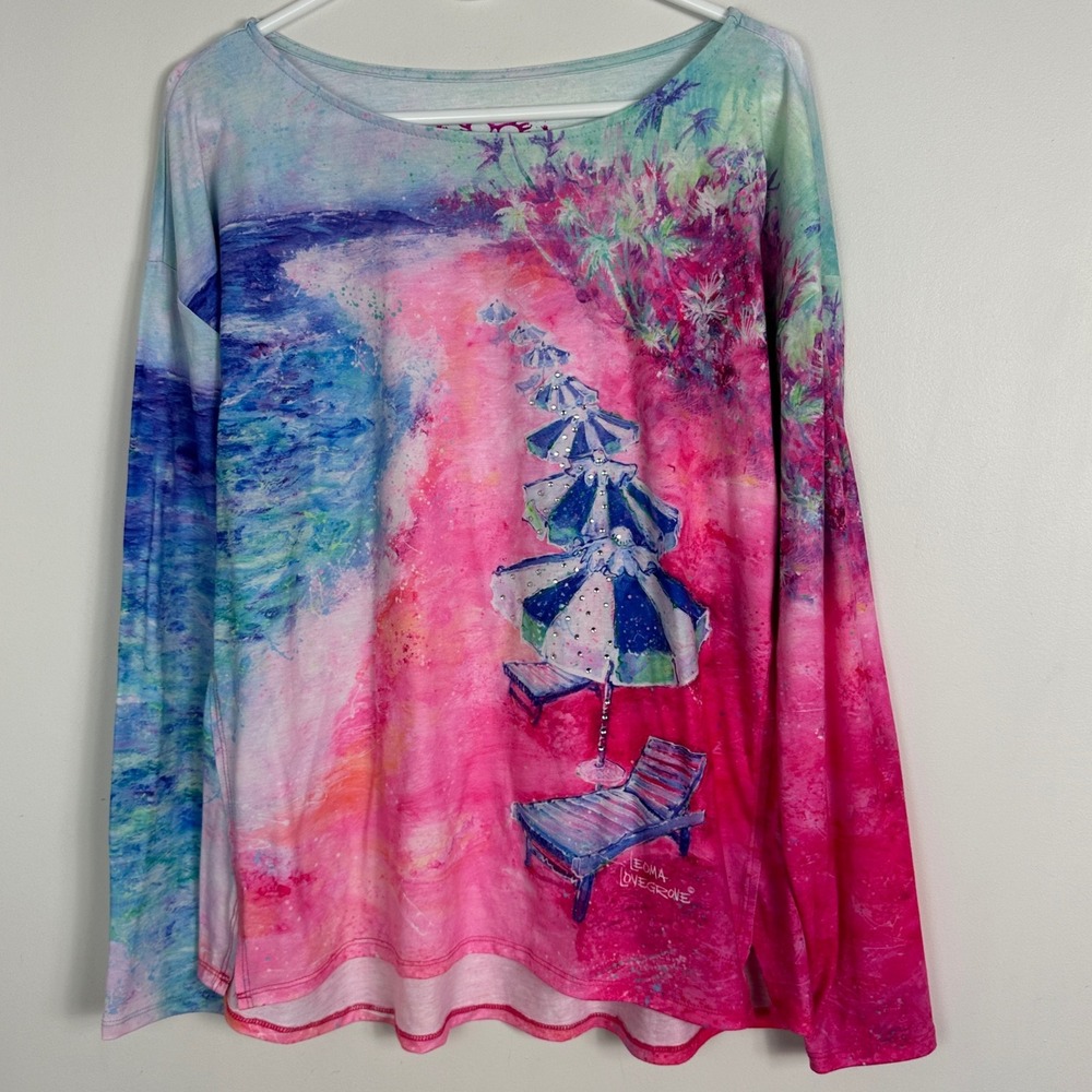 Leoma LoveGrove Long Sleeve Beaded Art Deco Top Womens‎ Sz Large Pink Blue Beach